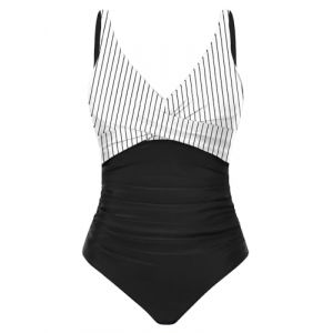 CMTOP Maillot de Bain Femme 1 Pieces Col en V Push Up Maillots Une Pi&egrave;ce, Contr&ocirc;le du Ventre Maillots de Bain, Ruch&eacute; Effet Gainant Ventre Plat Monokini, Amincissante Swimsuit(Noir et Blanc,XL) (Lemens, neuf)