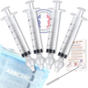 Mouche bébé seringue nasale 10ml ABBICARE™ sans BPA-CE | Kit 4 seringues avec embouts silicone souple + 1 goupillon de nettoyage et guide conseil | Soin nasal puericulture serum physiologique (ABK France, neuf)