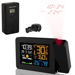 Station Météo LED Couleur - FISHTEC® - Capteur Extérieur - Radio pilotée - Projection Heure et Température orientable - Hygrométrie et température extérieur / ambiante - Prévisions météo (SOLDELA ®, neuf)
