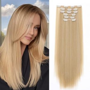 Dcbaboo Postiche Extension Cheveux Naturel Clip Lisse Extension a Clip Cheveux Naturel Raides Longue 6PCS Rajout Cheveux Extension de Cheveux a Clip Synth&eacute;tique pour Femme, Blond Fonc&eacute; mix Blond (Dcbaboo, neuf)