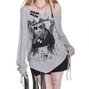 T Shirt Femme Manches Longues Y2K &eacute;paule d&eacute;nud&eacute;e Anime &agrave; Trou Dentelle Imprim&eacute; Large Gothique Harajuku Grunge Streetwear (Shengchuan E-commerce co.,ltd, neuf)
