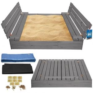 KOTARBAU® Bac à sable avec couvercle - 140 x 140 cm - Gris - Grand bac à sable en bois avec banc et couvercle - Jouet de jardin pour enfants imprégné et refermable avec bancs (KOTARBAU, neuf)