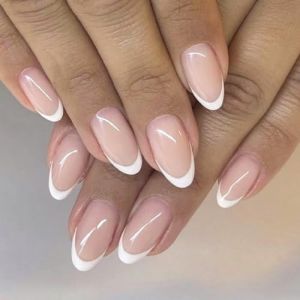 24 Faux Ongles Amande Court en Autocollant, Manucure Compl&egrave;te avec Colle, 24 Autocollants, Id&eacute;al pour Art des Ongles - Ongles Press&eacute;s &agrave; Colle en Rose et Blanc pour Femmes (bigou, neuf)