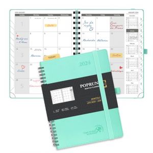 POPRUN Agenda 2024 2025 Mensuel Spirale 22 x 16,5cm - De jan. 2024 à juin 2025 avec Couverture Souple en PU Cuir, Poche pliable, Porte-stylo autocollant, Papier Certifié 100 g/m² - Vert (Time Works Wonders, neuf)