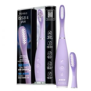 FOREO issa 4 plus Brosse &agrave; dents &eacute;lectrique sonique - kit rechargeable 4-en-1 guid&eacute; par IA avec t&ecirc;te hybride silicone et polym&egrave;re extra, poils souples, blanchiment, nettoyage ultra-hygi&eacute;nique-Lavande (Foreo, neuf)