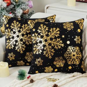 Housse Coussin Noel 40 x 40 cm Housses de Coussin No&euml;l Noir Avec Flocon de Neige Dor&eacute; Lot de 2 Coussin Noel Oreillers en Velours D&eacute;corations Coussin Canape pour le Salon, le Canap&eacute;, L'hiver, Noel (Jayusaror Home, neuf)
