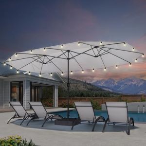 PURPLE LEAF Grand Parasol de Jardin Ext&eacute;rieur 4,55 x 2,7 x 2,4 m avec Pied et Guirlande Lumineuse, Parasol Rectangulaire Double Face &agrave; Manivelle R&eacute;sistant au Vent pour Terrasse, Jardin, Caf&eacute;s, Blanc (PURPLE LEAF, neuf)