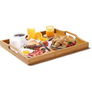 Superbe Grand Plateau de Service en Bambou avec poign&eacute;es - Plateau en Bois pour Petit-d&eacute;jeuner, th&eacute;, Table Basse - Plateau Ottoman d&eacute;coratif (Naturel, 1) (SUPERBE SHOP, neuf)