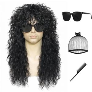 Kavsni Perruque rock pour costume des années 70 et 80 pour homme et femme - Perruque ondulée avec frange - Style hippie - Amusante - Noire (Fast Media Ships From USA, neuf)