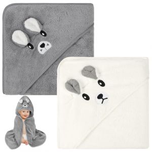 Aolso Cape de Bain B&eacute;b&eacute; &agrave; Capuche, 2pcs 80 x 80cm Sortie de Bain B&eacute;b&eacute; Super Absorbante, Peluche De Corail De Haute Qualit&eacute;, Serviettes de Bain pour b&eacute;b&eacute;, Ours Blanc + grizzli (YIJIABAI, neuf)