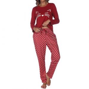 TeJoyce Pyjama Femme Hiver Coton, Ensembles de Pyjama Femmes Manches Longues Motif Chat et Pantalon &agrave; Pois avec Poches, V&ecirc;tements de Nuit Femme, Tenue de Maison Douce et Confortable S-XXL (TeJoyce-FR, neuf)