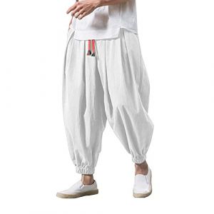 Pantalon baggy pour homme en lin - Pantalon de loisirs - Pantalon ample - Pantalon sarouel - Pantalon bouffant avec cordon de serrage - L&eacute;ger - Respirant - Pantalon de vacances - Style japonais (⭐⭐⭐⭐⭐Tiantian1, neuf)