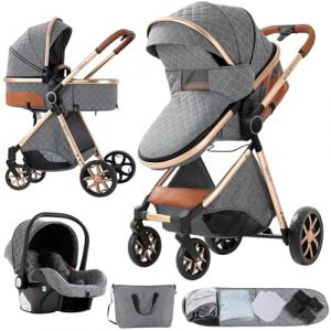 Nine point nine Poussette 3 en 1, Poussette Bebe avec Double Modes de Poussée Réversibles, Poussette Canne avec Grande Nacelle Confortable, Pousette avec Cadre Aluminium Haute Paysage (V9 Grey) (Kaiwen baby products, neuf)