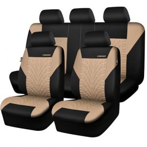 CAR PASS Housses de si&egrave;ge Voiture compl&egrave;tes pour Auto, Camion, SUV, Couvre Siege Auto avec Impression de pneus 3D, Compatibles avec airbags, Installation Rapide (Ensemble Complet, Noir et Beige) (Flying Banner EU, neuf)