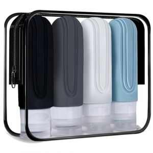 Flacons De Voyage en Silicone, 4 Pièces Flacon Voyage kit Avion Réutilisable et Étanche Contenant de Bouteilles de Voyage Accessoires,Lotion, Shampoing, Cosmétiques, Produit Toilette Voyage sans BPA (Chunrun, neuf)