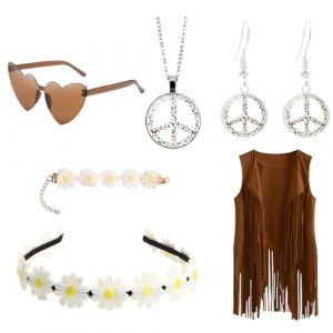 KEORHEZ Lot de 6 v&ecirc;tements hippie pour femme, tenue western pour femme, tenue des ann&eacute;es 60, 70, gilet &agrave; franges, sans manches, v&ecirc;tements hippie, avec accessoires, costume de carnaval (SIA KHERO, neuf)