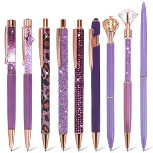 TIESOME 9 Pièces Cute Ballpoint Pens Set, violet Fancy Stylos Bling Glitter métal pour la journalisation à l'encre noire stylos rétractables cadeau pour les femmes filles demoiselle d'honneur (Tmiao, neuf)