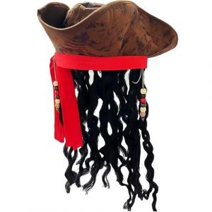 Chapeau de Pirate Tricorne avec Perruque Dreadlocks - Look Capitaine Jack Sparrow - Marron Effet Vieilli avec Perles - Accessoire de D&eacute;guisement pour Homme - Halloween, Carnaval & Cosplay (NANJIAWAN, neuf)