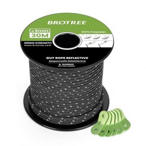 Brotree Corde Tente Camping 3mm 30m avec 6 x Tendeur Corde Tente - Réfléchissant Noir (Brotree EU, neuf)