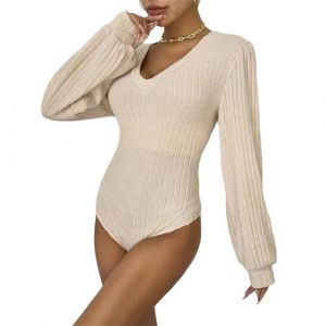 tinbarry Body Femme Manches Longues &Eacute;l&eacute;gant Basique Tricot&eacute; C&ocirc;tel&eacute; Body Hauts Combinaison Serr&eacute; Col en V Col Roul&eacute; Col Rond Moulante Une Pi&egrave;ce Combinaison Haut Chemise &Agrave; Manches Longues (Ouyishop, neuf)
