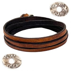 LOCAL LEAGUE Bracelet en cuir SURF CREW HAWAII pour homme et femme - en cuir v&eacute;ritable, r&eacute;glable jusqu&rsquo;&agrave; 95 cm, fait main en Europe (Marron cognac) (Local League, neuf)