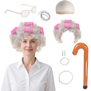 Xgvzs Lot de 13 costumes de vieille dame avec perruque, bâton de marche, bonnet de perruque pour grand-mère, lunettes, boucles d'oreilles, bracelet, collier pour Halloween et bal masqué (LanWenHuaYong, neuf)