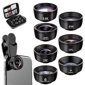 ZMCVOE Zoom Telephone Portable, 7 en 1 Objectifs pour T&eacute;l&eacute;phones Portables, Objectif Fisheye 210&deg;, Grand Angle 120&deg;, Objectif Macro (25x), Objectif Portrait (2X), Kal&eacute;Idoscope, Filtre CPL/Star (rui ge motve, neuf)