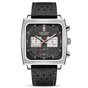 MEGIR Montre de Sport rectangulaire &agrave; Quartz analogique pour Homme avec Bracelet en Cuir et Acier Inoxydable 2182G, Noir, Chronographe, Mouvement &agrave; Quartz (Yuenian France, neuf)