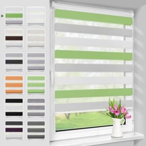 Deswell Store Enrouleur Jour Nuit sans Perçage, Tamisant pour Fenêtre ou Porte, Installation Facile avec Clips, 75 x 150 cm (Largeur du Tissu 71 cm), Vert-Gris-Blanc (WanMi, neuf)