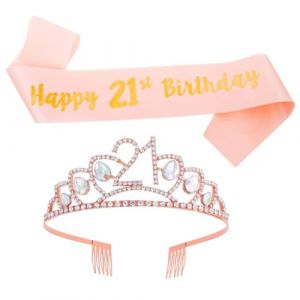 IMIKEYA Ensemble 21 Ans Anniversaire Couronne et &Eacute;charpe Rose Dor&eacute; Accessoire F&ecirc;te Cr&eacute;atif pour Fille D&eacute;coration D&rsquo;Anniversaire Bandeau Couronne D&eacute;coratif et Ceinture D&rsquo;Anniversaire (Elsy Abbas, neuf)