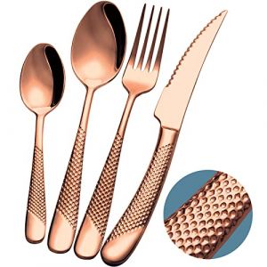 Xideman® couverts de table 24 pieces martelées cuivre avec couteau dentelé 2 en 1 ultra tranchant, menagere or rose inox 18/10 pour 6 personnes, set de couvert couteaux, fourchettes, cuillères (Xideman® - EU, neuf)