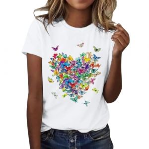 Tee Shirt Femme Coton T Shirts Blanc Imprimante Pas Cher T-Shirt &Agrave; Manches Courtes Col Rond Tunique avec Motif Papillons Grande Taille Tops Chemises (Ama2om, neuf)