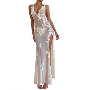 Loalirando Robe à Bretelles Maxi Longue Sexy Transparente Robe Décolletée Fendue Ornée des Fleurs (Blanche, S) (Biu-clothing, neuf)
