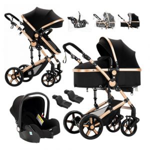 Reenborn Poussette 3 en 1, Poussette Bebe avec Réversible Deux Façons de Pousser, Pousette avec Cadre Aluminium Haute Paysage, Pousette 3 en 1 avec Conception Pliable en Un Clic (588 Black Gold) (huangzhongguig, neuf)