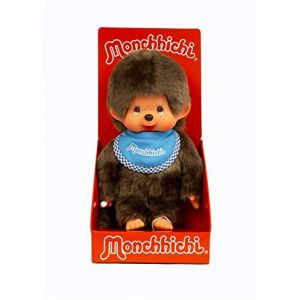 Sekiguchi 255040 - Garçon Original Monchhichi, en Peluche Marron, avec Bavoir Bleu, env. 20 cm (M & L France, neuf)