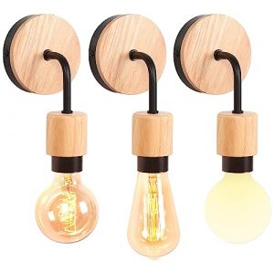 iDEGU Lot de 3 Applique Murale Interieur Industrielle LED Lampe Murale Vintage en Bois Métal E27 Luminaire Applique Rétro pour Salon Chambre à Coucher Couloir Salle de Bain (Type D, Noir, 3 Pack) (IDEGU, neuf)