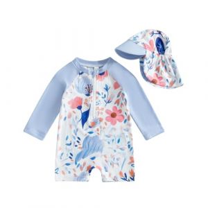 Carolilly Maillot de Bain Une Pi&egrave;ce Enfant B&eacute;b&eacute; Fille Zipp&eacute; &agrave; Manches Longue Anti-UV avec Chapeau (Rose Fleurs, 3-6 Months) (Bleu, 6-12 Months) (La Vie Brillante, neuf)