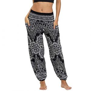 Nuofengkudu Femme Harem Pantalon Sarouel Thaïlandais Hippie Baggy Léger Boho Ethnique Smockée Taille Haute avec Poches Yoga Pants Été Plage ,Noir Fleur,Taille unique (better Life, neuf)