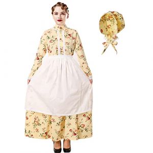 BPURB Costume de Pioneer P&egrave;lerin pour Femme Florale Prairie Colonial Robe Paysanne D&eacute;guisement de femme de chambre avec Tablier Coiffe (L, jaune) (BPURB-EU STORE, neuf)