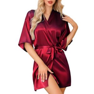 Lovasy Peignoir Satin Femme Mariage Peignoir en Soie Court Kimono Bride Femme Sexy Léger Col V avec Ceinture Robe de Demoiselle d'Honneur Robe de Chambre Fuchsia M (Lovasy Direct, neuf)