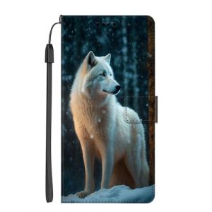 EuoDuo Coque Compatible avec Huawei Nova 5T / Honor 20 &Eacute;tui Rabattable Motif Flocon de Neige Loup Housse Antichoc Cuir PU Portefeuille Pochette Fermeture Magn&eacute;tique &agrave; Clapet Flip Case (VLQI, neuf)