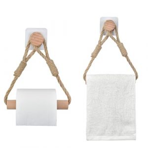 Set de 2 Porte-Papier Toilette sans Percage, Porte-Serviettes Vintage en Corde et Bois, Support Adh&eacute;sif pour WC, D&eacute;coration de Salle de Bain Style Industriel et Boho (Baisikou, neuf)