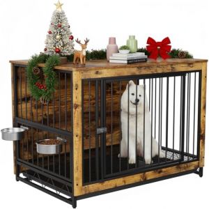 MAMIZO Cage pour Chiens, 93x64x58 CM, Table d&rsquo;Appoint, Meuble Cage Chien avec Porte coulissante, Niche pour Chien Interieur avec 2 Gamelles, Maison Chien en Bois, Cage Chiens XXL, Bois (BRT Store, neuf)