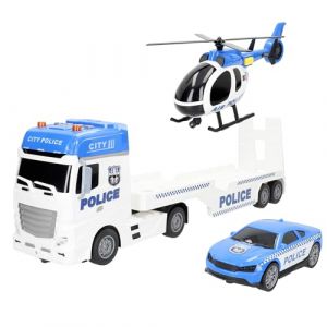 ColorBaby 39050 Speed & Go Camion porte-véhicules de police avec voiture et hélicoptère avec lumières et sons, rampe manuelle, système de friction, échelle 1:12, voitures pour enfants à partir de 3 (Distria, neuf)