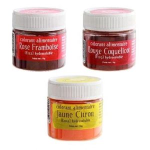 Lot de 3 colorants alimentaires jaune, framboise, rouge (Patissea, neuf)
