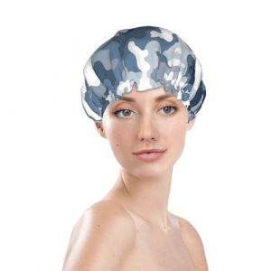 Bonnet de douche à imprimé camouflage noir et gris, bonnet de bain imperméable réutilisable pour cheveux de femme, bonnet de douche élastique double couche, protection des cheveux (BedBliss transactions, neuf)