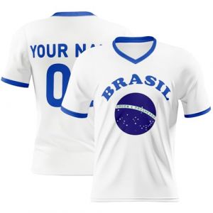Maillot de football personnalisé Brésil - Hommes Garçons Filles Vintage Jaune Vert Brésil Football Tee - Personnalisé Ajouter le nom de l'équipe Brésil T-shirt pour enfants, blanc/bleu, S (tianchangshihuangxiashangmao, neuf)