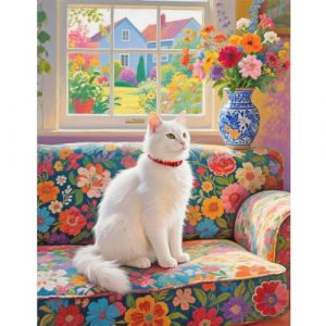 TDFERAN Chat Diamond Painting 40x50cm DIY Diamond Painting Strass Canevas Kit Garden Flowers Peinture Numero Adulte Broderie Diamant Grand Format Mosa&iuml;que Diamond Peinture Art White Cat Decoration (LISHHUZ, neuf)