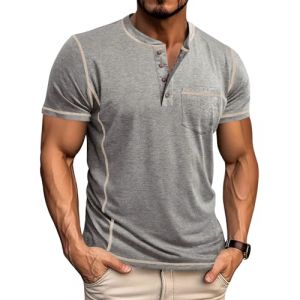 LAOARA Tee Shirt Homme T Shirt T-Shirts à Manches Courtes Homme Henley Col Tunisien Boutons Légére Tshirt Gris XL (Laoara Store, neuf)