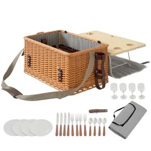 Outsunny Panier Pique-Nique en Osier 4 Personnes avec Table à vin en pin, Panier de Pique-Nique avec Sangle Ajustable pour extérieur, Camping, fête, Anniversaire, Noël, Marron Clair (Aosom FR, neuf)